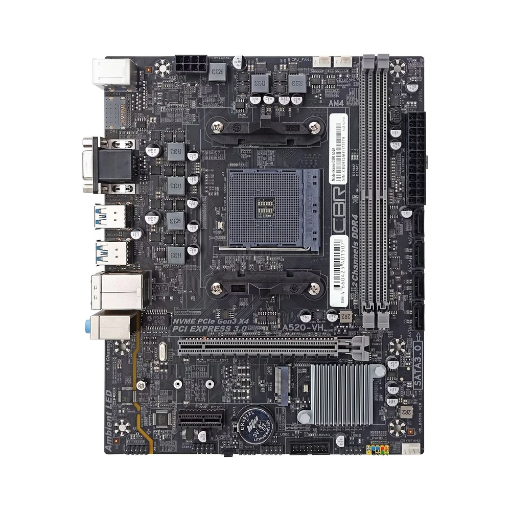 Материнская плата CBR A520 oem, AM4, AMD A520, 2xDDR4, 4xSATA, 1xM.2, 1xPCIe x16, 1xPCIe x1, 1xVGA, 1xHDMI, 1x1Gb LAN, 2xUSB 2.0, 4xUSB 3.0, 5.1, mATX