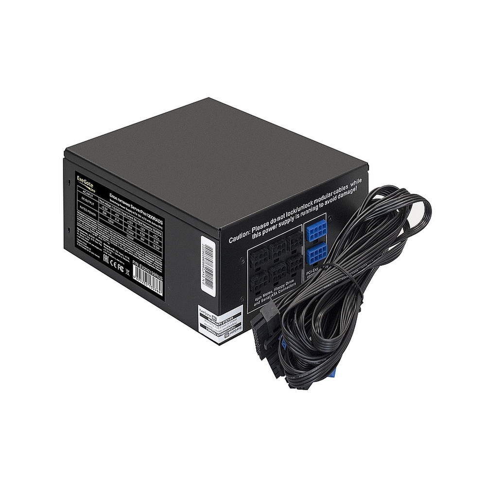Серверный БП 1200W ExeGate EX292199RUS ServerPRO-1200RADS (ATX, for 3U+ cases, КПД 82% (80 PLUS), 14cm fan, 24pin, 2(4+4)pin, 6xPCIe, 8xSATA, 4xIDE, Cable Management, black)