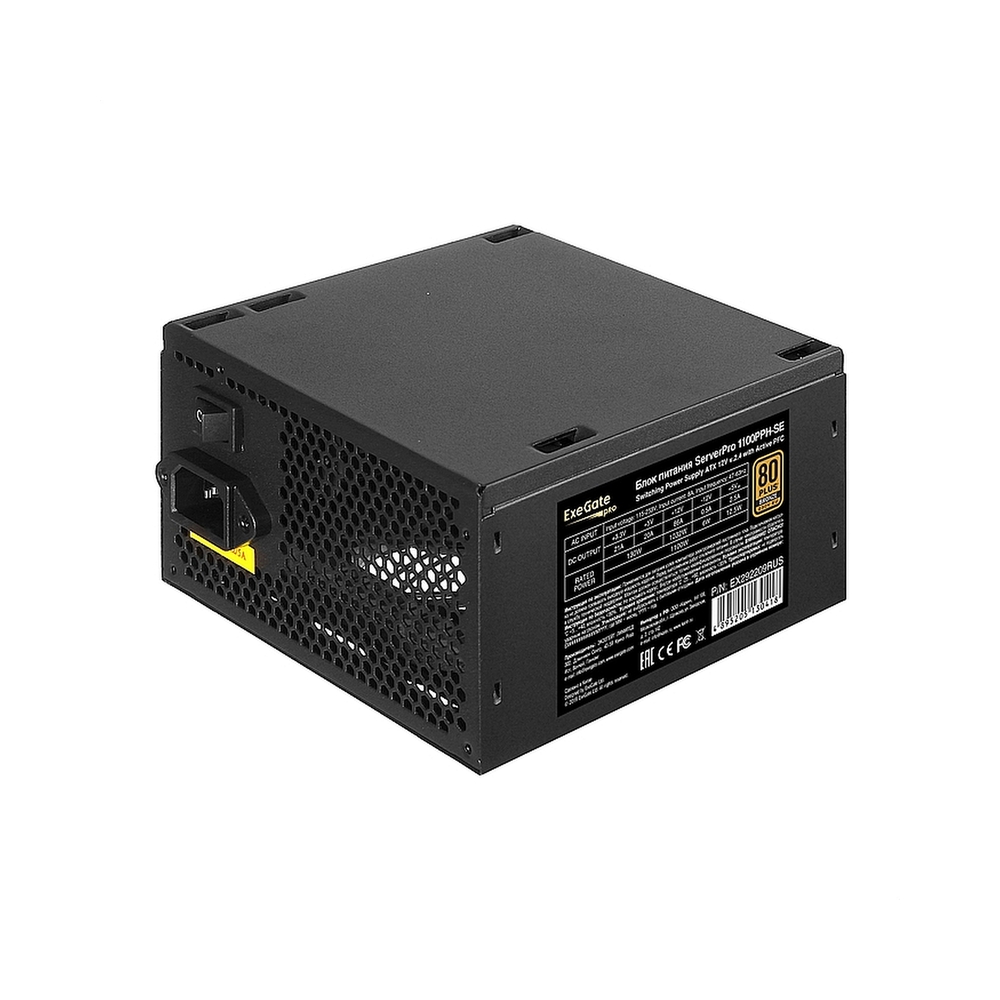 Серверный БП 1100W ExeGate EX292209RUS ServerPRO 80 PLUS® Bronze 1100PPH-SE (ATX, for 3U+ cases, APFC, КПД 89% (80 PLUS Bronze), 12cm fan, 24pin, 2x(4+4)p, 6xPCI-E, 8xSATA, 4xIDE, box, black)