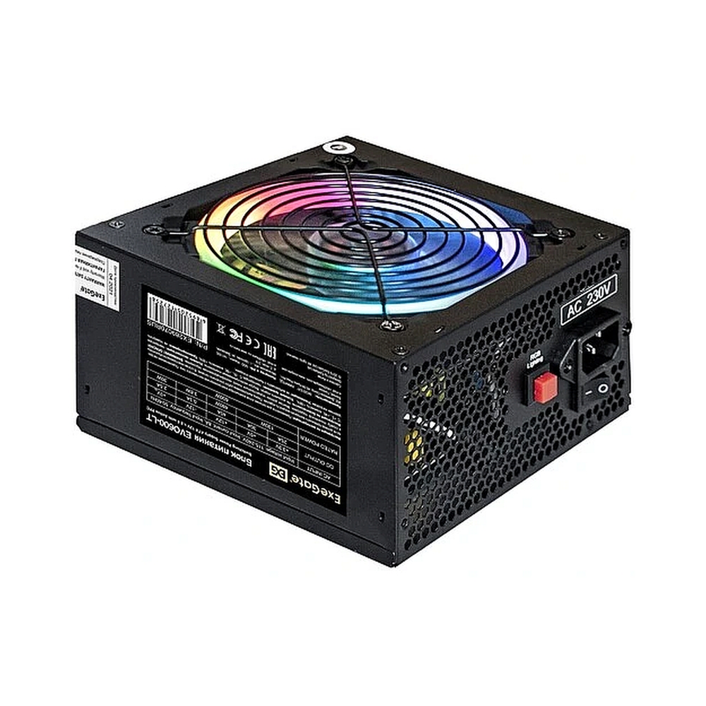 Блок питания 600W ExeGate EVO600-LT (ATX, APFC, 12cm RGB fan, 24pin, (4+4)pin, PCI-E, 5xSATA, 3xIDE, FDD, black)