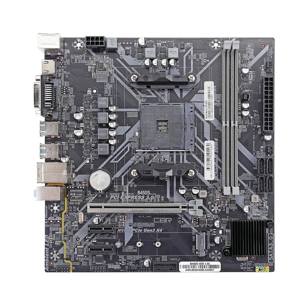 Материнская плата CBR B450 , AM4, AMD B450, 2xDDR4, 4xSATA, 1xM.2, 1xPCIe x16, 1xPCIe x1, 1xVGA, 1xHDMI, 1x1Gb LAN, 2xUSB 2.0, 2xUSB 3.0, 5.1, mATX