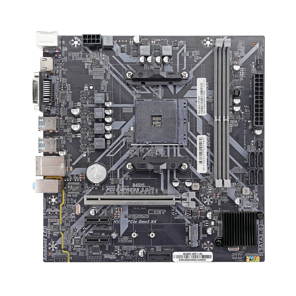 Материнская плата CBR B450 oem, AM4, AMD B450, 2xDDR4, 4xSATA, 1xM.2, 1xPCIe x16, 1xPCIe x1, 1xVGA, 1xHDMI, 1x1Gb LAN, 2xUSB 2.0, 2xUSB 3.0, 5.1, mATX — KSKSHOP.RU