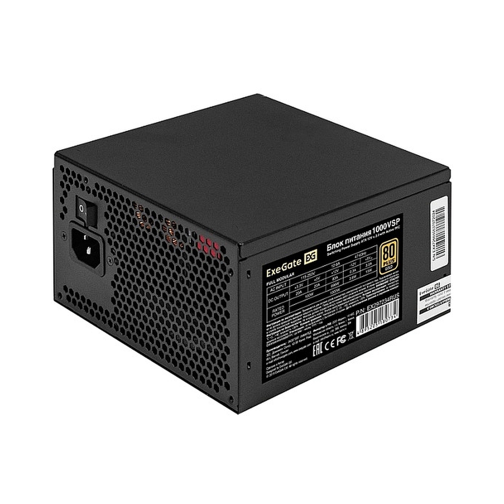 Блок питания 1200W ExeGate 80 PLUS® GOLD 1200VSP FС (ATX3.0, APFC, КПД 90% (80 PLUS GOLD), 120mm fan, 24pin, 2x(4+4)pin, PCIE5.0/12VHPWR, 4xPCI-E, 9xSATA, 3xIDE, 1xFDD, Full Cable Management, black, Color box) — KSKSHOP.RU